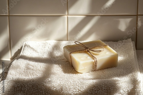 Natural handmade soap bar on towel with sunlit background for eco friendly skincare. Sustainability, eco friendly photo