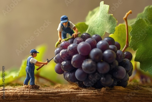 Miniature grape harvesters meticulously gather a large bunch of ripe, dark purple grapes.