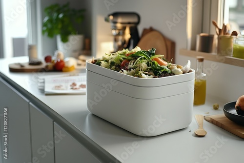 Eco-friendly kitchen compost bin filled with fresh vegetable scraps for sustainable living photo