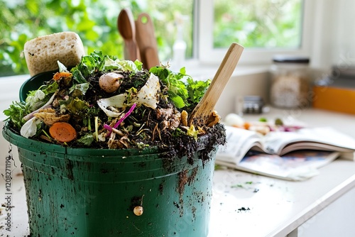 Sustainable home kitchen composting with organic waste in green bin photo