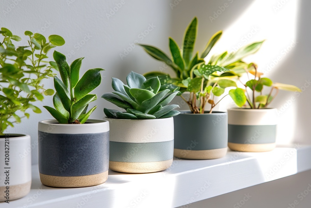 Obraz premium Stylish indoor plants arrangement on sunlit shelf for modern home decor