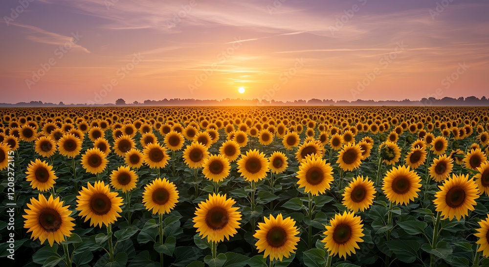 Fototapeta premium Expansive golden blooming sunflower field under a breathtaking vibrant sunset sky with warm light, concept for nature photography, agricultural themes and summer travel promotion