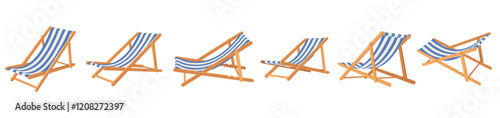 Folding beach chair from different angles. Front, back, top, side views.