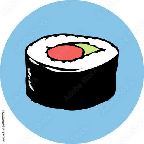 Single maki sushi roll with white rice, black seaweed, red filling, placed on blue background. Asian food.