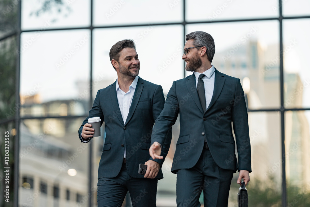 Walking colleague. Colleague and friends. Two successful business men walking outdoor. Businessmen go to work. Business talking. Two businessmen in elegant business suit. Coffee break Walking colleague. Colleague and friends. Two successful business men walking outdoor. Businessmen go to work. Business talking. Two businessmen in elegant business suit. Coffee break