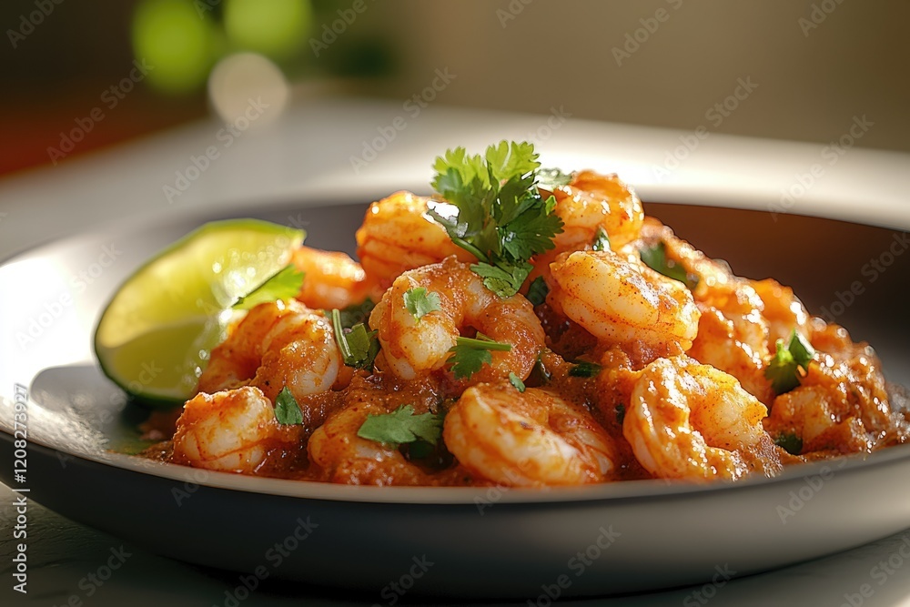 Spicy shrimp dish garnished with cilantro served with lime on a dark plate.