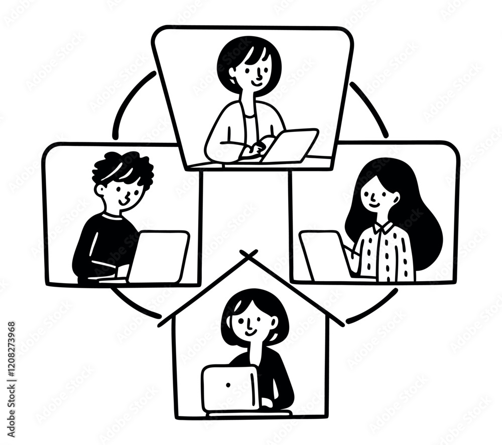 black and white One line art group business team meeting and working collaboration in office workplace concept. flat vector illustration set cartoon character design concept black and white One line art group business team meeting and working collaboration in office workplace concept. flat vector illustration set cartoon character design concept