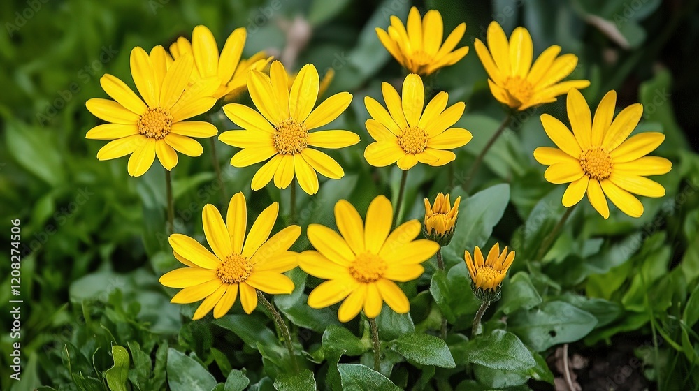 Bright Yellow Spring Flowers in a Green Meadow Setting Bright Yellow Spring Flowers in a Green Meadow Setting