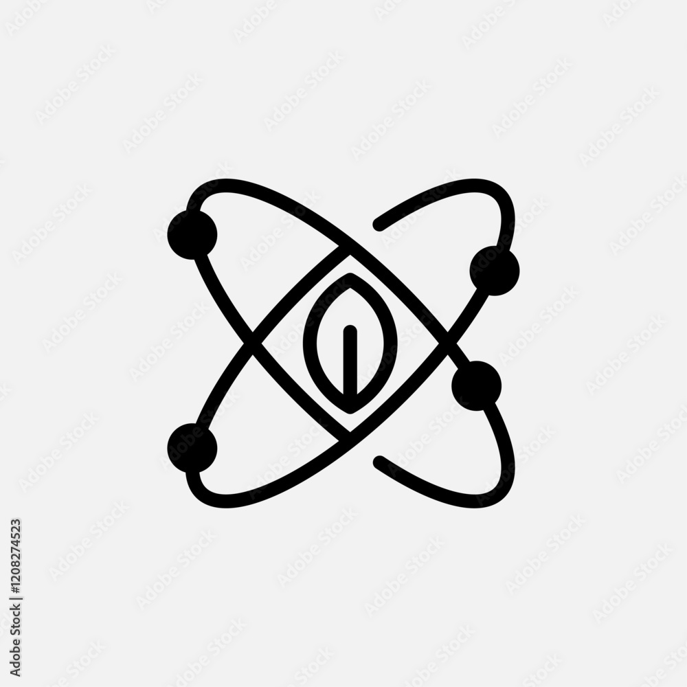 Atom energy and leaf icon line, free energy, ecology, renewable and green energy concept. Linear and lineart icon. Atom energy and leaf icon line, free energy, ecology, renewable and green energy concept. Linear and lineart icon.