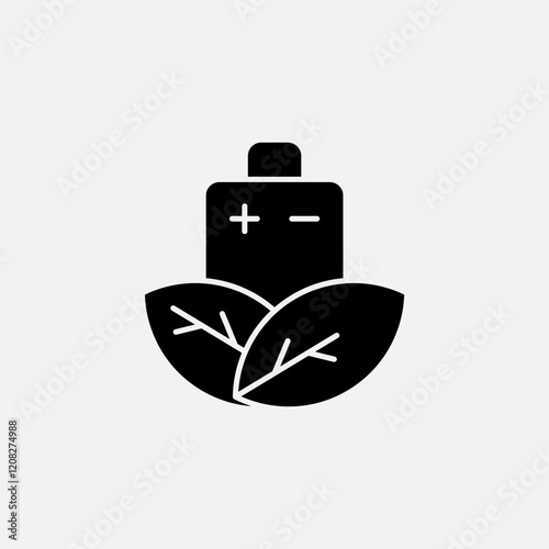 battery and leaf icon glyph, free energy, ecology, renewable and green energy concept. Solid black icon.