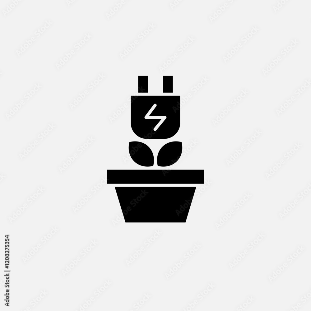 Eco plug and plant in a pot icon glyph, free energy, ecology, renewable and green energy concept. Solid black icon. Eco plug and plant in a pot icon glyph, free energy, ecology, renewable and green energy concept. Solid black icon.