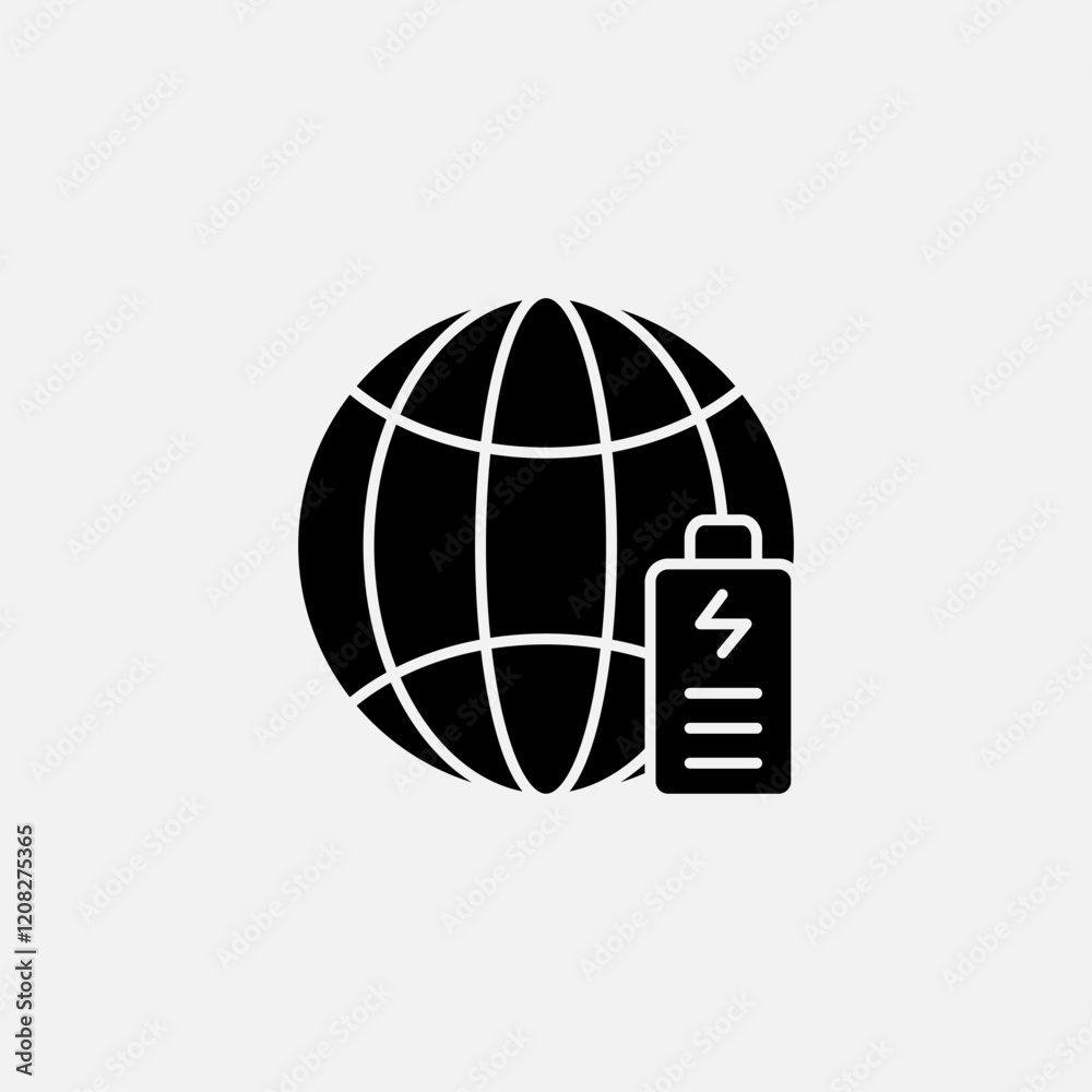 Globe and battery icon glyph, free energy, ecology, renewable and green energy concept. Solid black icon. Globe and battery icon glyph, free energy, ecology, renewable and green energy concept. Solid black icon.