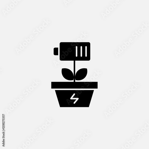 Battery and plant in a pot icon glyph, free energy, ecology, renewable and green energy concept. Solid black icon.