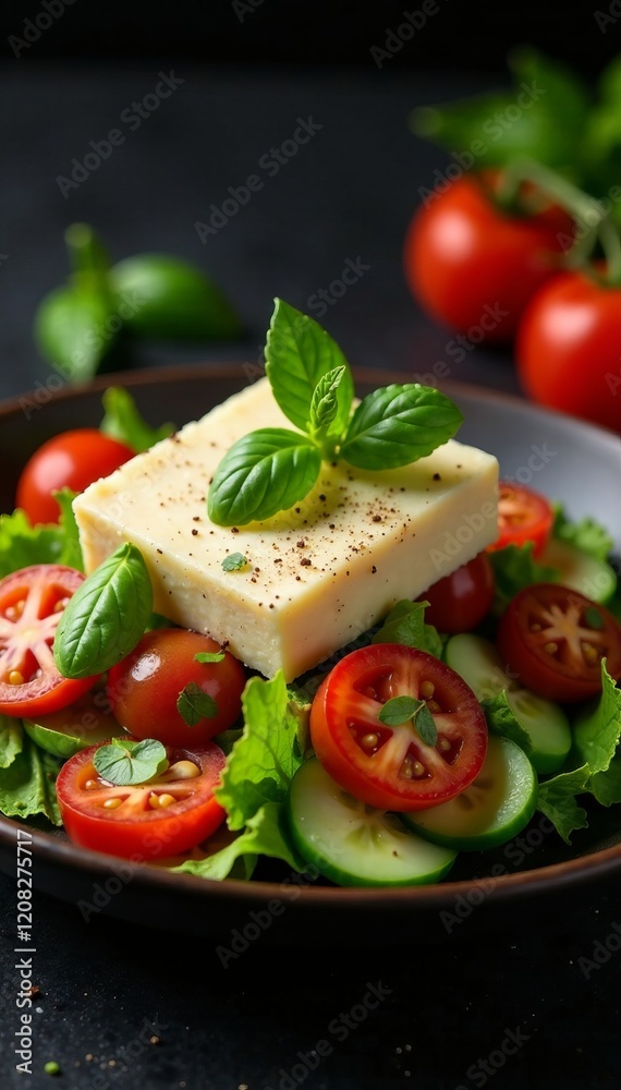 Fresh salad with tomatoes, cucumbers, cheese, and basil on a dark background. Fresh salad with tomatoes, cucumbers, cheese, and basil on a dark background.