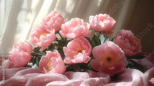 dark moody floral still life blooming pink peonies emerging from shadows dramatic chiaroscuro lighting vintage aesthetic photo