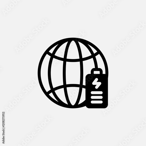 Globe and battery icon semi solid, free energy, ecology, renewable and green energy concept. Glyph icon. photo