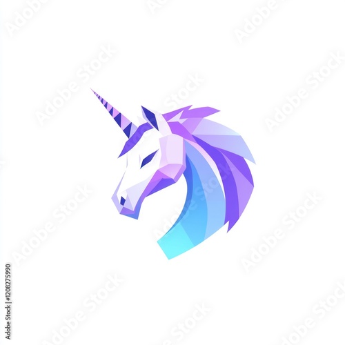 Geometric unicorn head with purple and blue gradient on white. Ideal for logo design or digital art photo