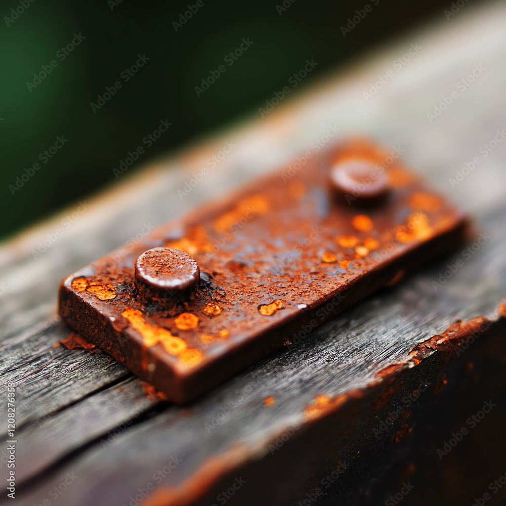 Close-up of a rusty metal plate on wood, showcasing decay and weathering in an industrial context. Close-up of a rusty metal plate on wood, showcasing decay and weathering in an industrial context.