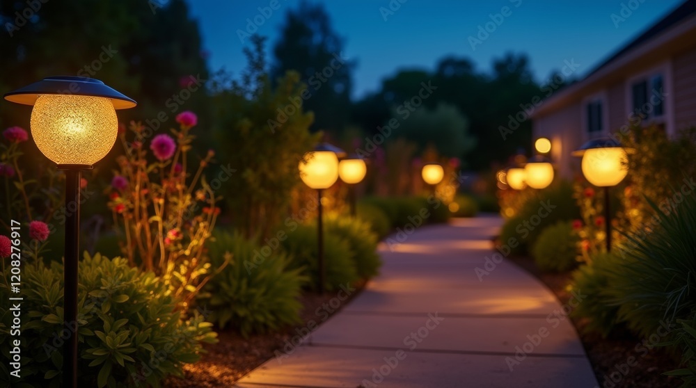 Obraz premium solar-powered lights illuminating a garden pathway at dusk