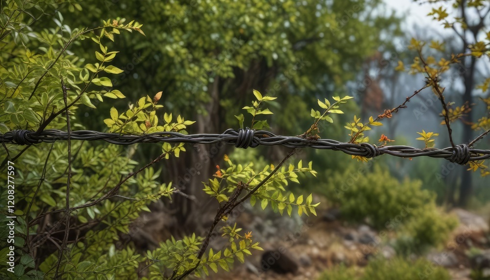 Barbed wire tangled in a bush with twigs and leaves, bush, nature, outdoor Barbed wire tangled in a bush with twigs and leaves, bush, nature, outdoor