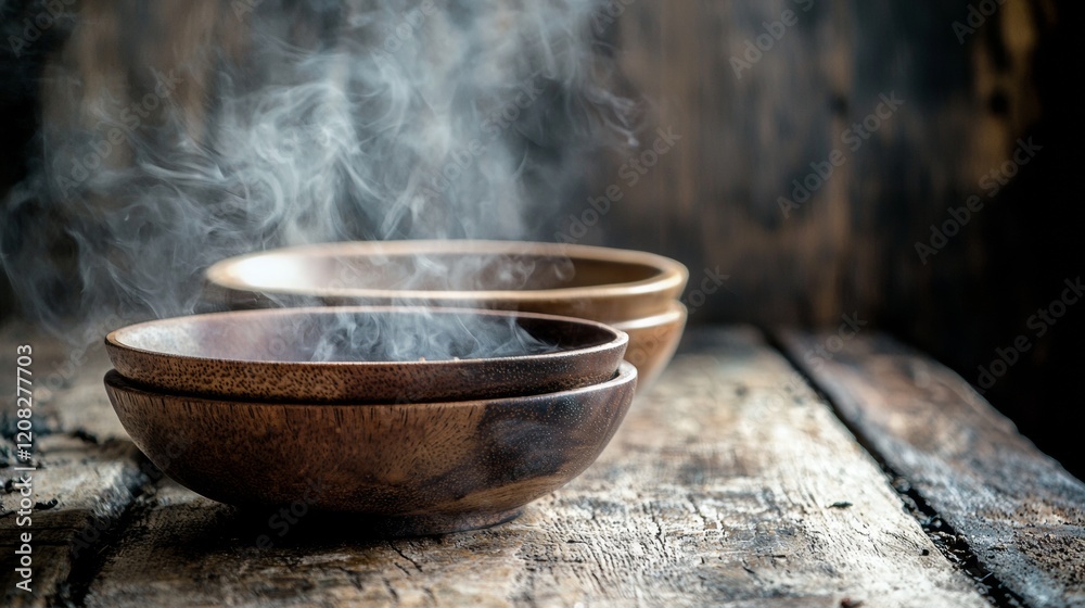 Steaming wooden bowls on a rustic surface