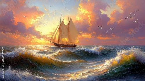 Wallpaper Mural Sunset Sailboat Painting: A Serene Ocean Voyage at Golden Hour Torontodigital.ca