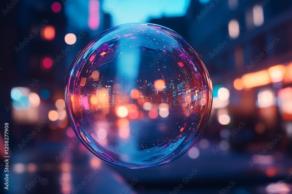Transparent Bubble Capturing Blurred Lights of a Busy City Street : Generative AI Transparent Bubble Capturing Blurred Lights of a Busy City Street : Generative AI