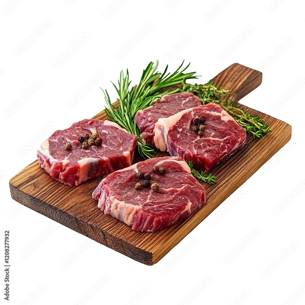 Assorted Meat Cuts with Rosemary on Wooden Board Assorted Meat Cuts with Rosemary on Wooden Board