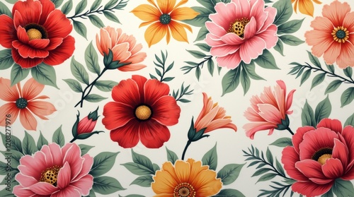 Wallpaper Mural A close-up of vibrant floral patterns on fabric, showcasing a detailed and colorful design with an elegant, modern textile print perfect for fashion and interior design. Torontodigital.ca