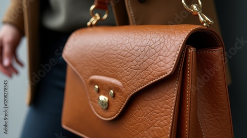 A close-up shot of a luxurious leather handbag with gold accents, emphasizing its modern and chic design, showcasing it as a fashion-forward statement accessory. photo