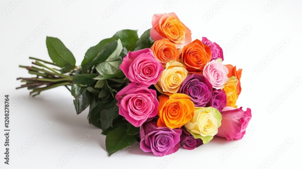 Fototapeta premium Rainbow rose bouquet studio shot, white background, gift