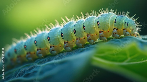 detailed macro photography of silkworms delicately consuming fresh mulberry leaves with soft natural lighting highlighting their translucent bodies photo