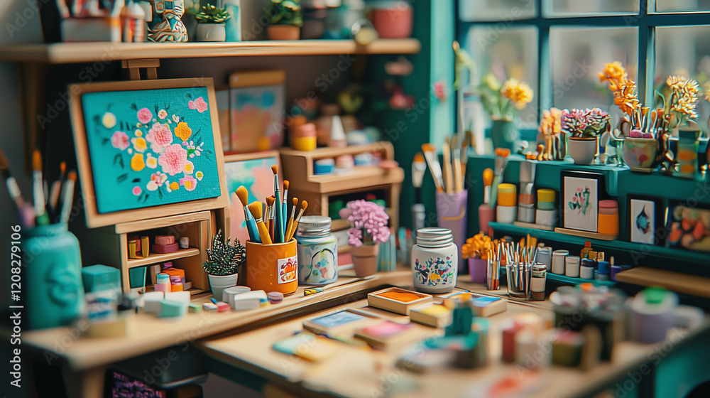 artist's workspace filled with mini art supplies, tiny canvases, and colorful paints artist's workspace filled with mini art supplies, tiny canvases, and colorful paints
