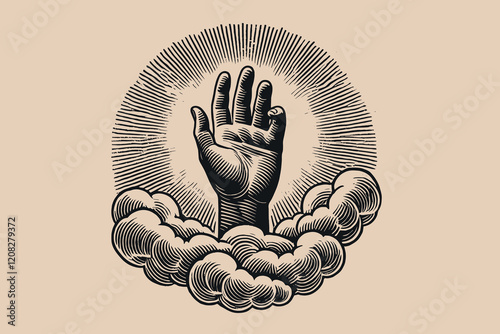 Vintage black and white hand reaching from the clouds illustration