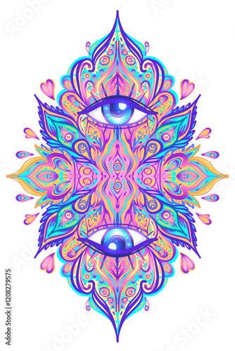 Sacred geometry symbol with all seeing eye over in acid colors. Mystic, alchemy, occult concept. Design for indie music cover, t-shirt print, psychedelic poster, flyer. Astrology, esoteric, religion.