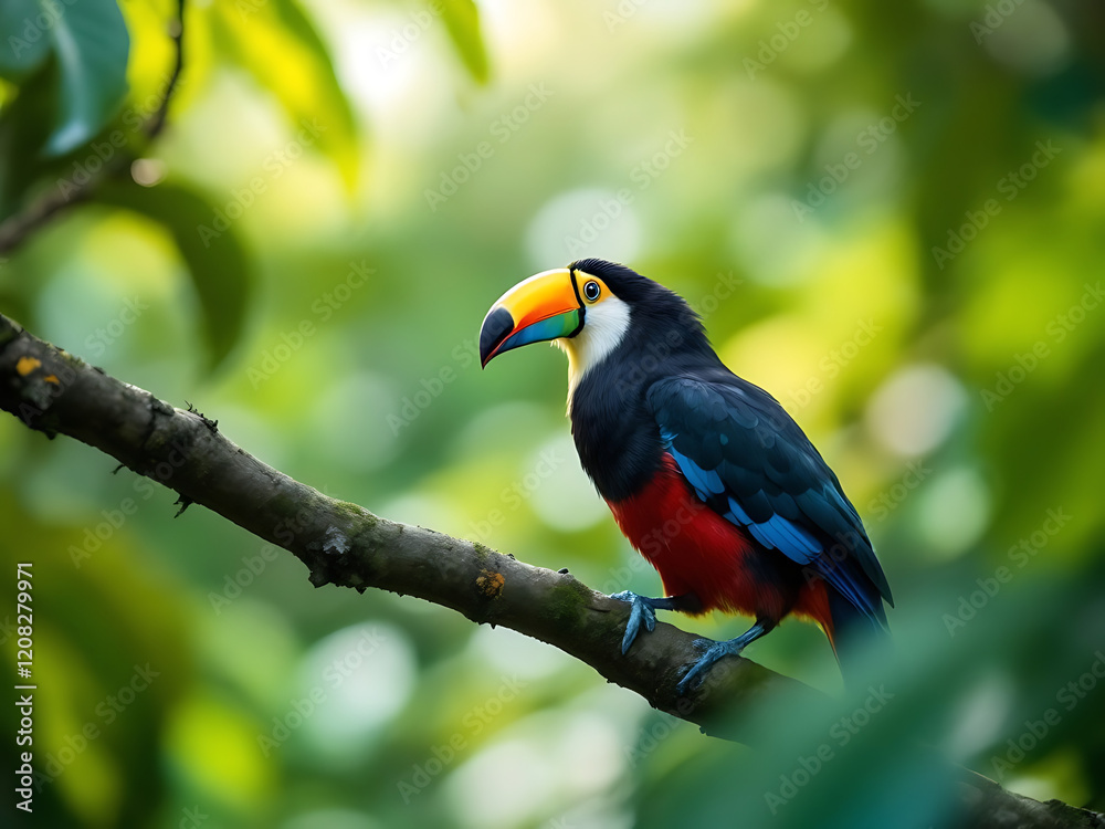 A colorful toucan perches on a tree branch against a blurred background of lush green foliage A colorful toucan perches on a tree branch against a blurred background of lush green foliage