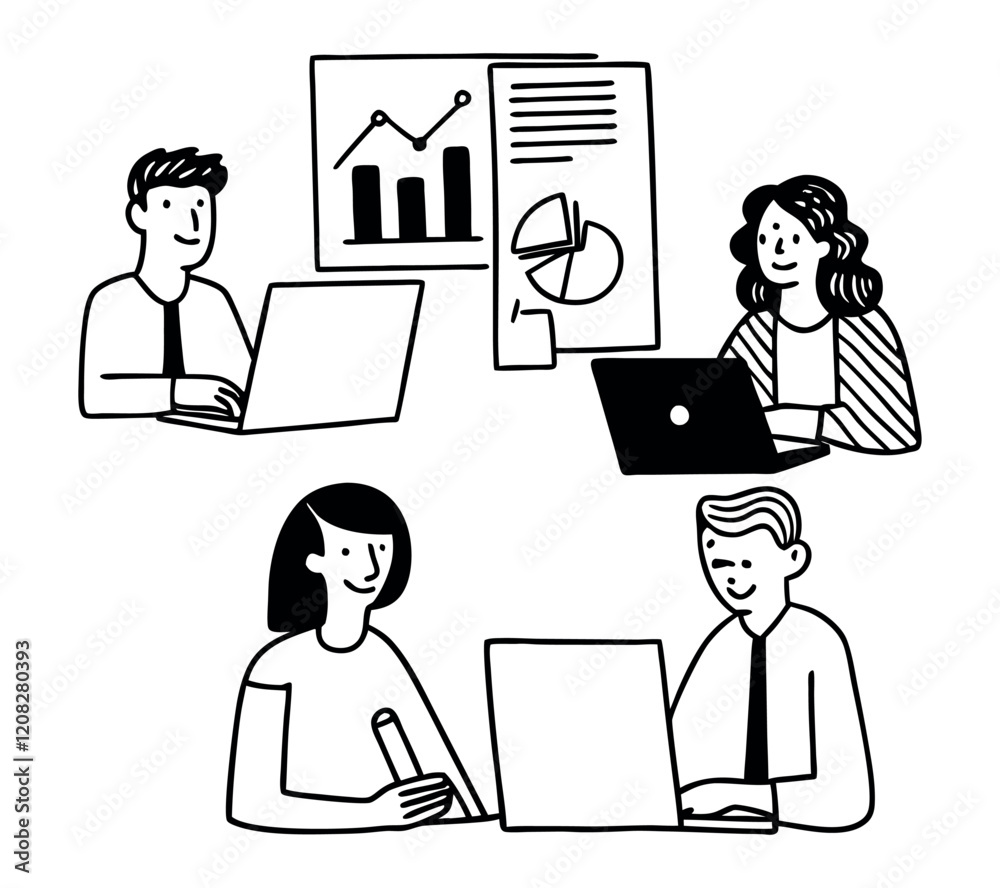 black and white One line art group business team meeting and working collaboration in office workplace concept. flat vector illustration set cartoon character design concept black and white One line art group business team meeting and working collaboration in office workplace concept. flat vector illustration set cartoon character design concept