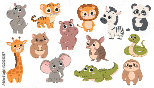 Set of cute vector cartoon animals isolated on white background. Lion, tiger, crocodile, panda, koala, snake, sloth, armadillo, rhinoceros, hippopotamus, giraffe, elephant, wombat.