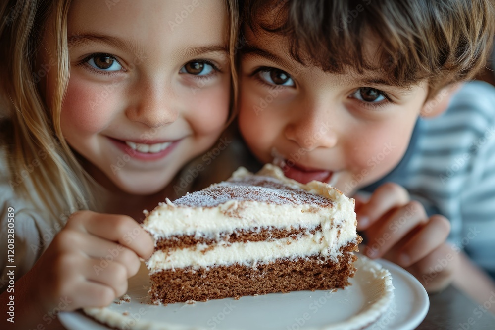 Two adorable children joyfully share a delicious slice of layered chocolate cake. Two adorable children joyfully share a delicious slice of layered chocolate cake.