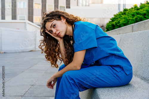 Bild auf Leinwand Beautiful young nurse or doctor strolling in the city