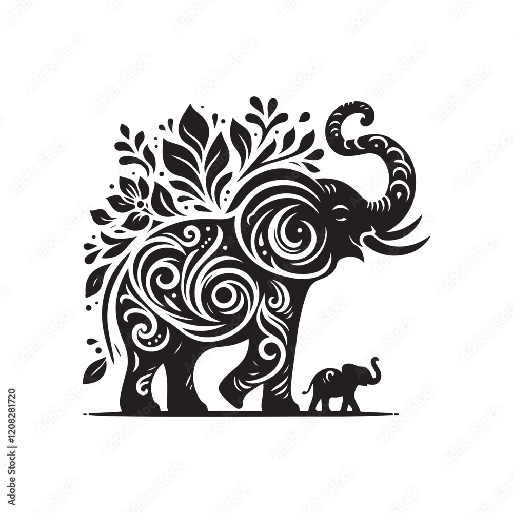 Fototapeta premium Black Color Elephant silhouette design Vector Illustration, Solid White Background (14).eps