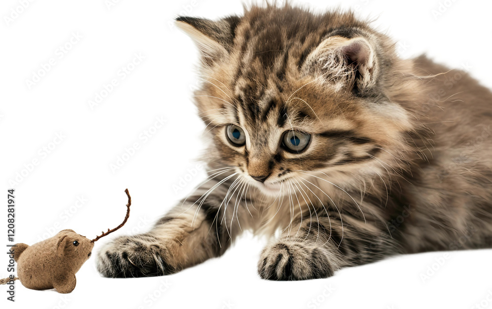 Fototapeta premium Adorable Fluffy Kitten Engaged in Play with a Toy Mouse Isolated on transparent background PNG