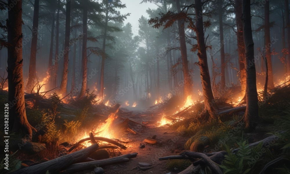 Burning forest with fire crackling in the underbrush, woodland blaze, smoldering wood Burning forest with fire crackling in the underbrush, woodland blaze, smoldering wood