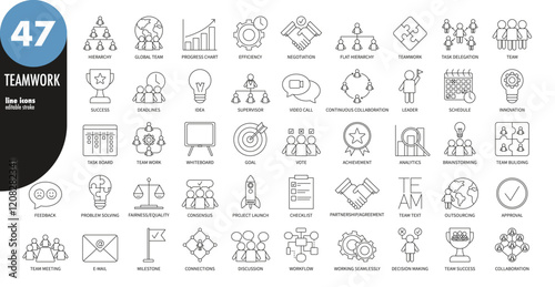 Teamwork, business, company, startup editable stroke thin line icons set. Team building, human resources, cooperation, team work, task delegation, workflow, target. Outline icons, vector illustration