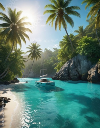 Catamaran anchored in a secluded cove with towering palm trees and a turquoise lagoon, anchor, cove
