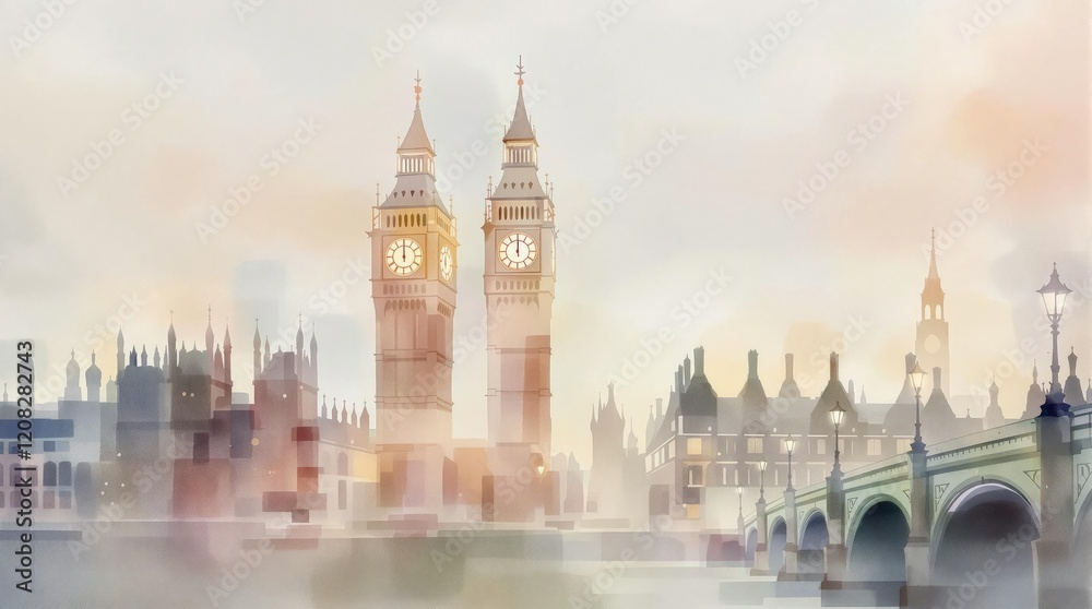 Obraz premium Charming watercolor rendition of Big Ben in London , UK, charming, London