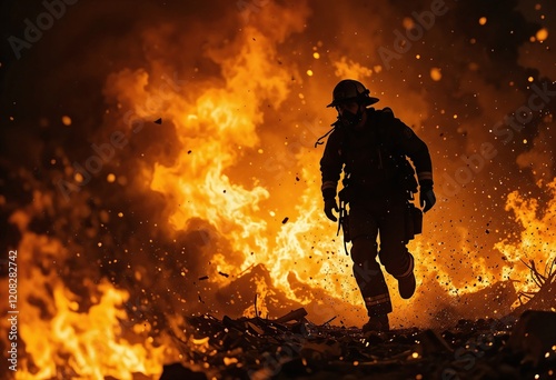 Silhouette of a firefighter battling intense flames during a dangerous blaze. photo