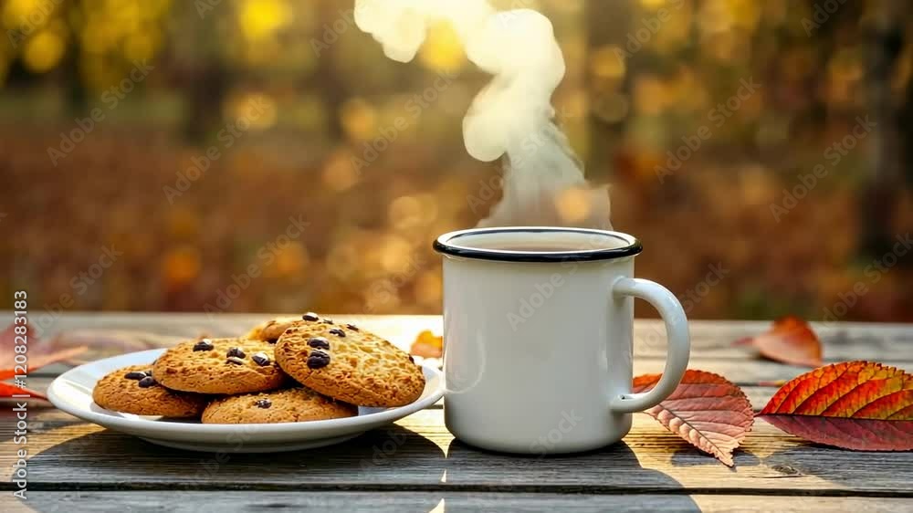 Steaming coffee and cookies amidst autumn leaves create a cozy outdoor vibe