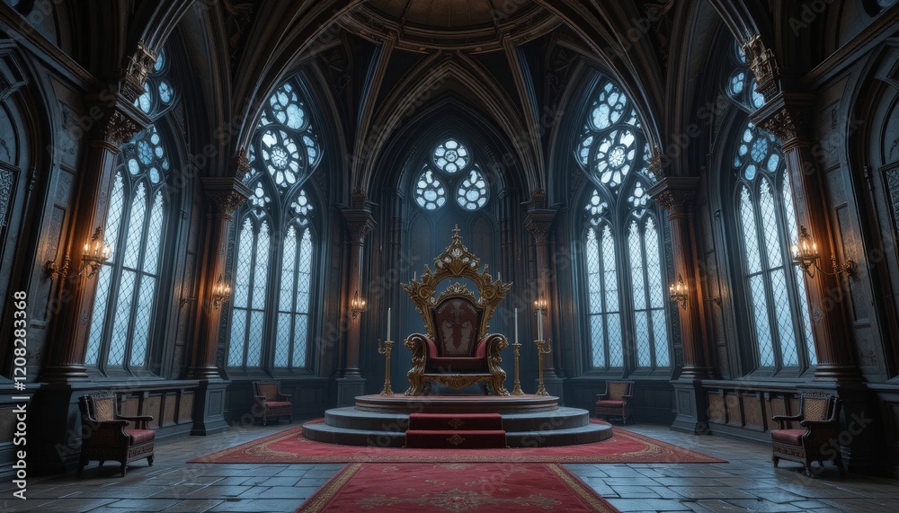 Obraz premium A grand throneroom showcases its opulent throne seated atop a red carpet. Lavish dark wood furnishings complement the beautiful stained glass windows filtering in soft light