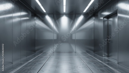 A modern elevator space features polished metal walls reflecting bright, parallel lights above, creating an intriguing and somewhat eerie atmosphere as it descends
